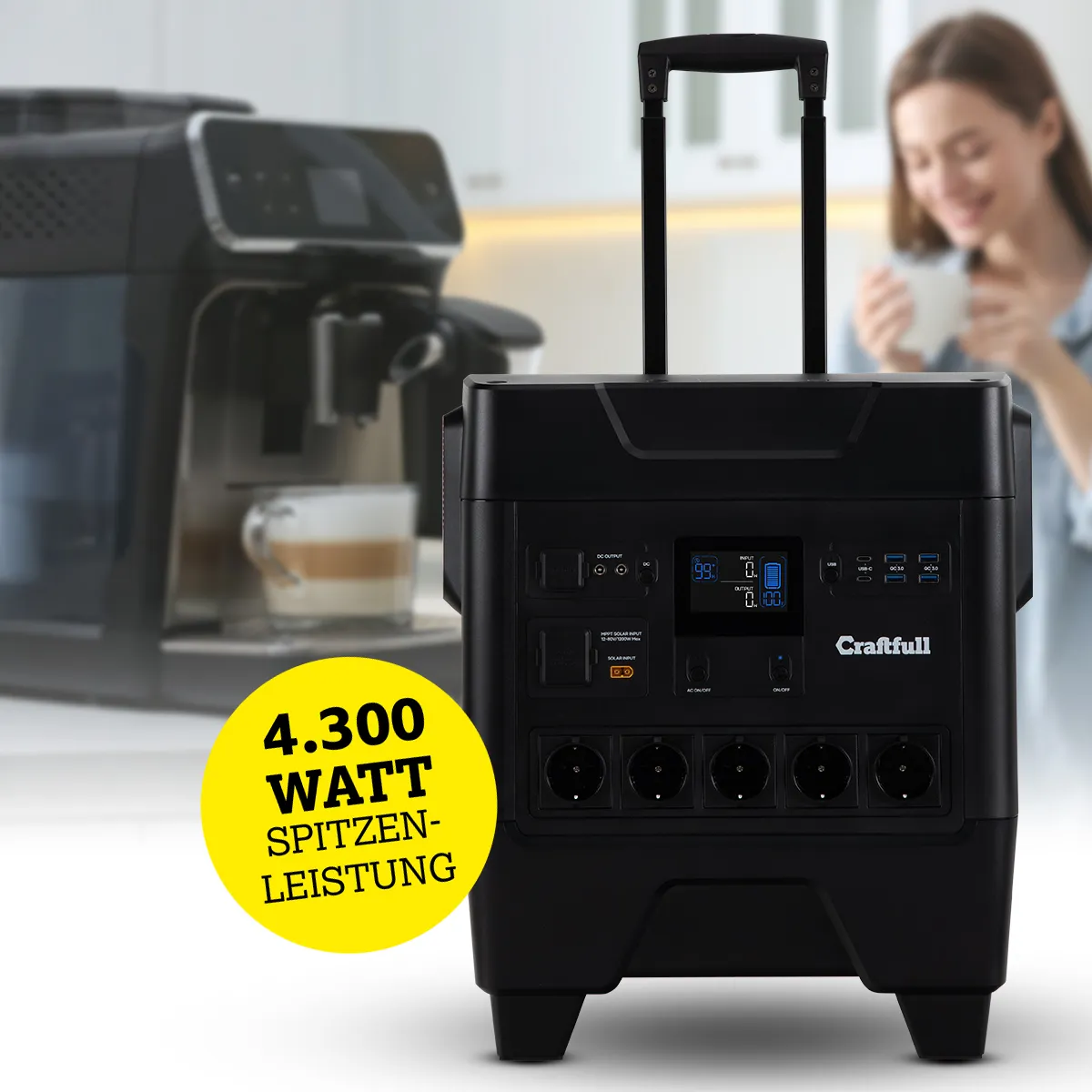 Stromspeicher von Craftfull versorgt die Kaffeemaschine einer Frau mit Strom